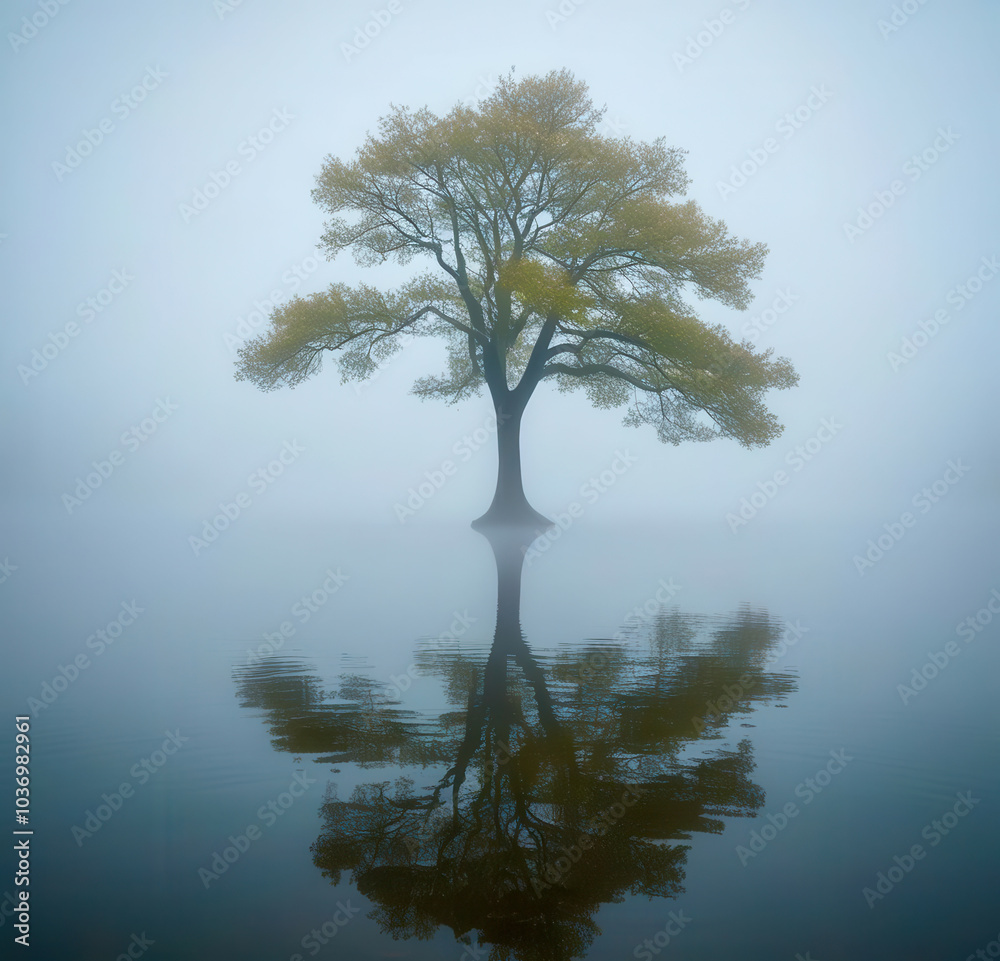 Poster a tree is reflected in the water, creating a serene and peaceful atmosphere