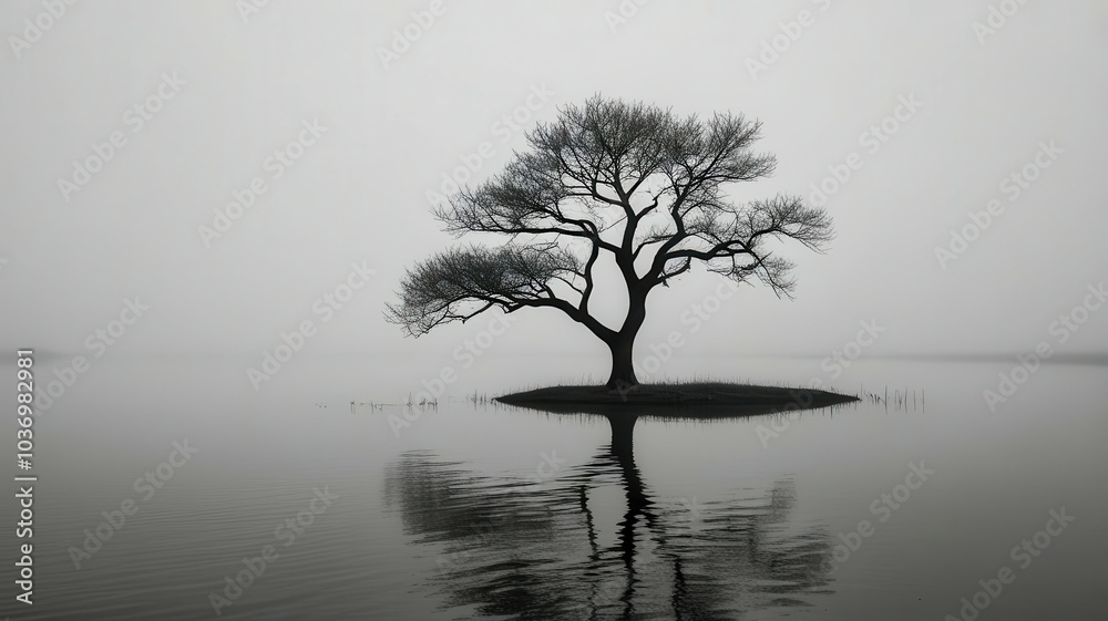 Poster a tree is standing on a small island in a lake