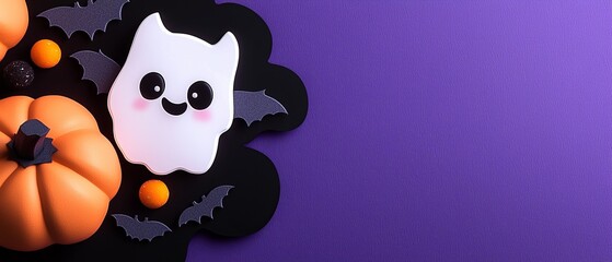 Fototapeta premium A tight shot of a paper ghost and pumpkin cutouts against a purple backdrop, adorned with bats and additional pumpkins ..Or,
