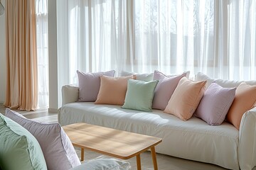 A modern Scandinavian interior in the living room with minimalist, pastel colored cushions and...