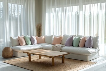 A modern Scandinavian interior in the living room with minimalist, pastel colored cushions and sofas. Generative AI
