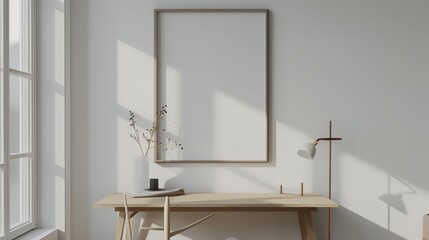 A minimalist home office with white walls and a wooden desk. A blank picture frame is prominently displayed with a single elegant clock. Gentle