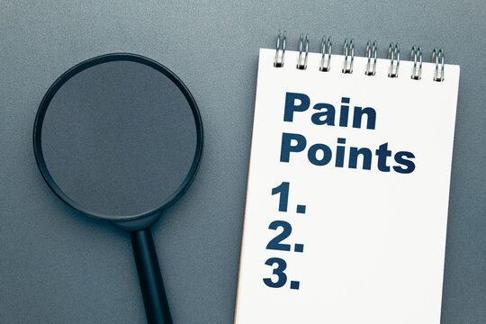 Pain Points topic with example lists as note on the notepad with magnifying glass
