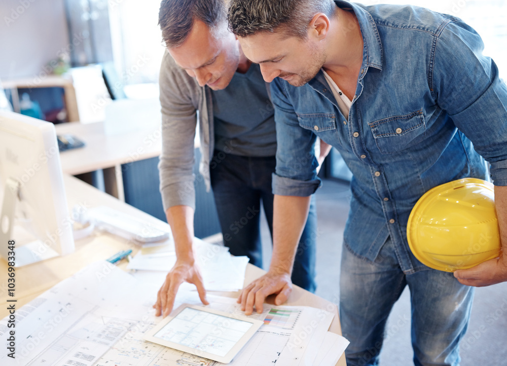 Poster tablet, architecture and construction engineers with blueprint in office for city development with b