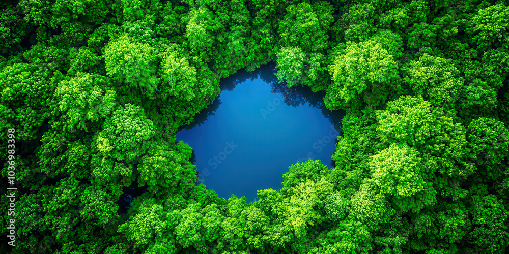 Poster a large pond surrounded by trees with a blue sky in the background