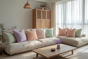 A modern Scandinavian interior in the living room with minimalist, pastel colored cushions and sofas. Generative AI
