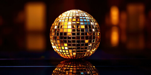 A gold disco ball is sitting on a dark surface