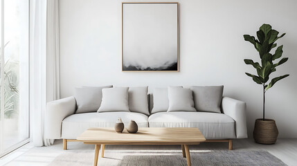 A modern living room with a white sofa, a wooden coffee table, and a large picture frame on the wall.