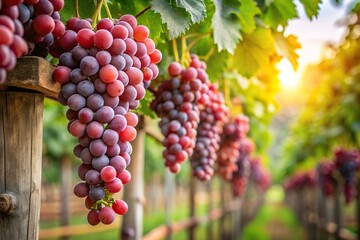 A cluster of red grapes hanging from a wooden trellis in a lush green vineyard, red grapes, natural scenery