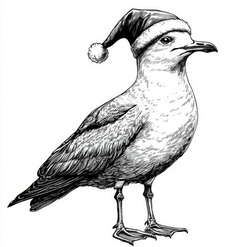recommend clip art: Black and white Vintage engraved art of a Seagull with a Christmas Santa hat, isolated on white background, ink sketch illustration, simple vector art design, highly detailed line art, 