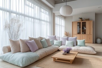 Obraz premium Modern Scandinavian interiors in the living room with windows and sofas. Generative AI 