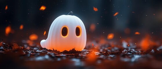 Fototapeta premium A ghost hovers over a mound of leaves, its spectral form radiating a luminous glow from its heart