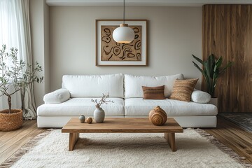 Obraz premium Minimalist, contemporary Scandinavian interiors in the living room with lights from the ceiling and white sofa and cushions. Generative AI 