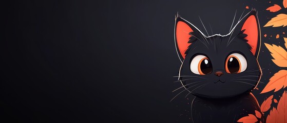  A black cat with orange eyes emerges from a backdrop of orange leaves against a dark background