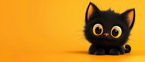  A black cat with big yellow eyes sits on a yellow background