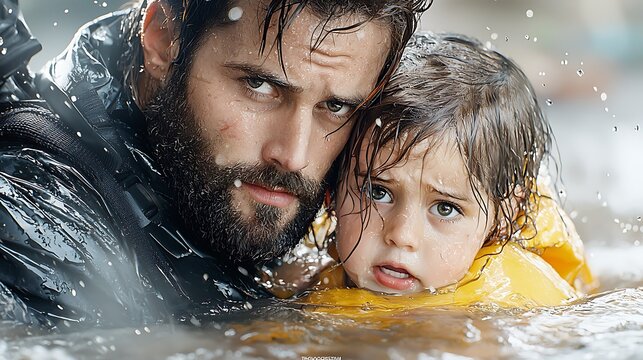 An everyday hero rescuing a child from a flood, depicted in a powerful moment of bravery. The water is rushing around them, and the child's expression shows fear, contrasting with the resolute 