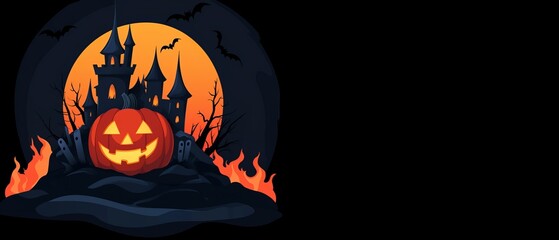  A pumpkin sits before a castle, Jack-o-lantern placed before a full moon