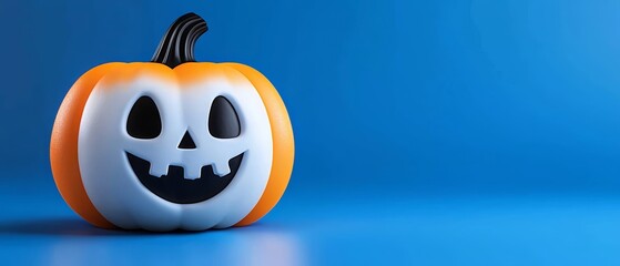 Naklejka premium A pumpkin, half-orange and white, lies on its side against a blue backdrop, adorned with a jack-o'-lantern