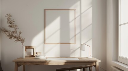 A minimalist home office with white walls and a wooden desk. The desk features a blank picture frame and a small potted plant. Bright
