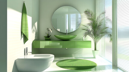 Fototapeta premium A modern bathroom with a green sink, green towel, green rug, and a large, round mirror. The bathroom is bright and airy, with natural light coming in from the window.