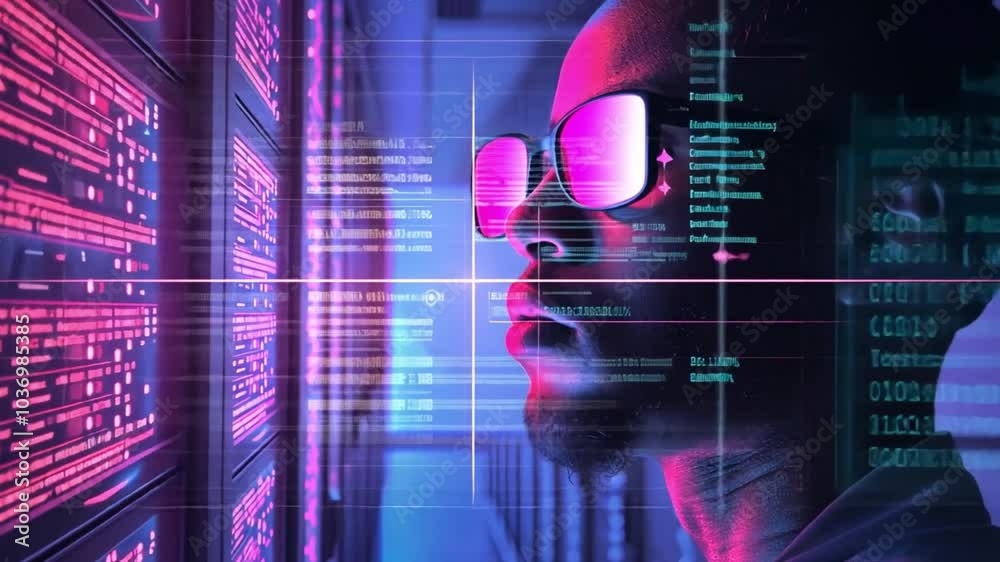 Poster a focused individual wearing sunglasses closely examines lines of digital information displayed on a