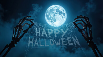Spooky Halloween greeting with skeletal hands weaving "Happy Halloween" in spider web under full moon in eerie blue night sky.