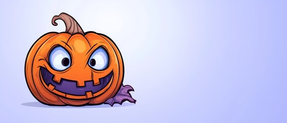  A cartoon pumpkin with large, grinning teeth and two bright eyes sits cheerfully against a light blue backdrop