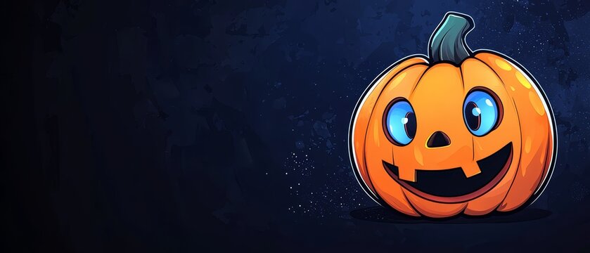  A cartoon pumpkin with blue eyes and smiling face sits against a dark blue background