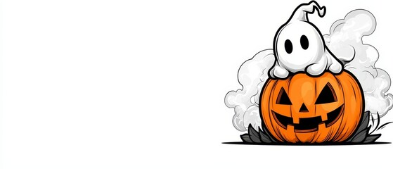 Fototapeta premium A pumpkin emitting smoke Atop it sits a ghost, its spectral head hovering above