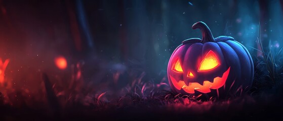 Fototapeta premium A radiant jack-o-lantern atop a pumpkin sits in the heart of a grassy field Trees frame the backdrop