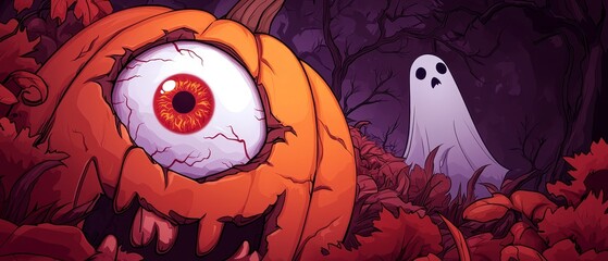  A cartoon of a frightful pumpkin in a forest, sporting an eyeball, and a spectral figure lurking behind