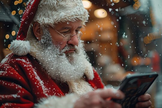 a santa claus is using a tablet computer