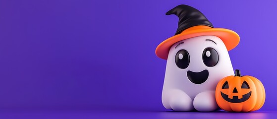  A Halloween ghost holds a jack-o-lantern against a purple backdrop Donned in a black hat, he grasps the glowing gourd
