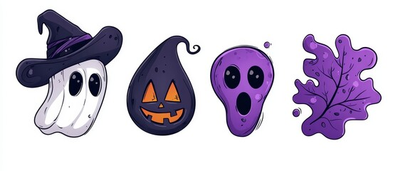  Three pumpkins, one wearing a witch hat, the other transforming into a ghost's head