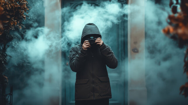 mysterious figure stands in dark, misty environment, capturing haunting atmosphere with camera. fog envelops scene, enhancing eerie vibe