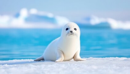 Fototapeta premium Harp seal pup on ice floe with blue water background. Concept of arctic wildlife, climate change, and conservation.