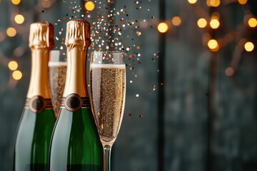 Champagne bottles and flute glass with golden confetti on festive background. New Year celebration, anniversary, birthday concept.
