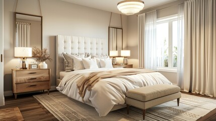 An elegant Scandinavian bedroom featuring a double bed with a headboard bedside tables