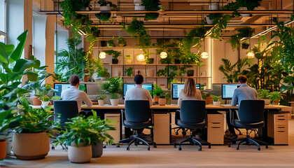 A contemporary shared office space with open workstations, where employees sit at their desks, facing their screens, backs to the camera, with indoor plants and soft lighting.