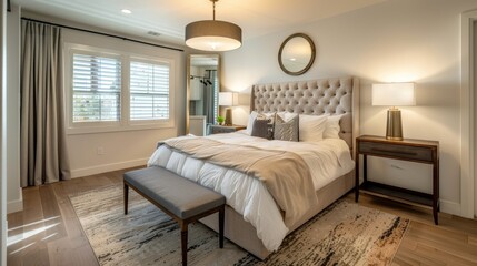 Fototapeta premium An elegant Scandinavian bedroom featuring a double bed with a headboard bedside tables
