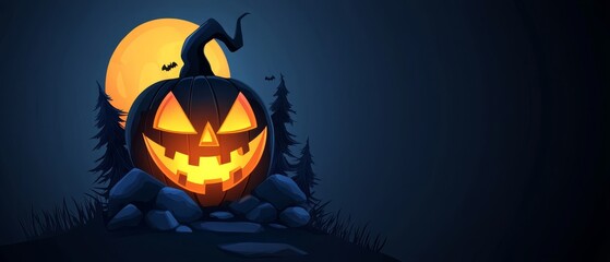  A jack-o-lantern atop rocks, facing full moon at night