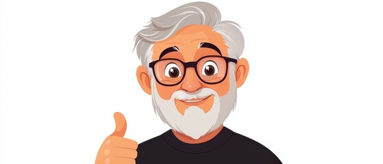 Obraz premium An old man in a black T-shirt, wearing glasses and giving a thumbs-up with a white beard