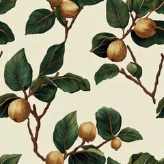 Vintage continuous Fig branch on vintage beige fabric background, seamless repeating pattern, textile print style, minimal, exotic fruit branch design, bohemian decor, textiles