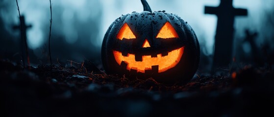  A jack-o-lantern atop a pumpkin sits before a cemetery, backdrop of a solitary cross