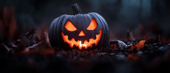  A jack-o-lantern pumpkin illuminates in the darkness with glowing eyes and a smiling face