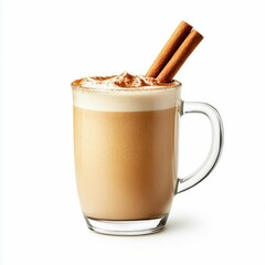 Creamy Latte with Cinnamon Stick on White Background