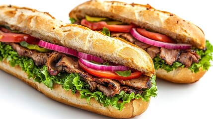 Grilled Shawarma baguette sandwiches Front view of delicious burger setup. white background 