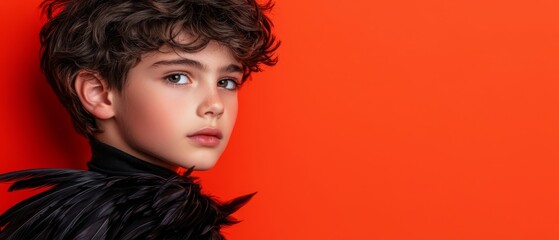 Fototapeta premium A young boy in a black jacket, sporting curly hair and black feathers around his neck, stands out against an orange background