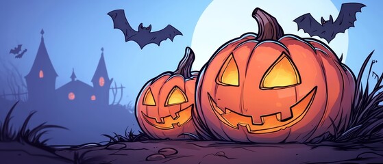  Two jack-o-lantern pumpkins seated before a full moon Bats flit in the night sky behind them