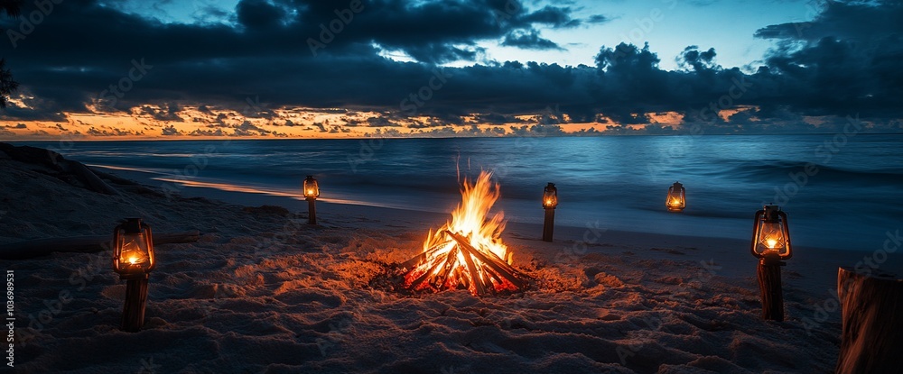 Poster a bonfire on the beach at dusk with lanterns creating a romantic ambiance.